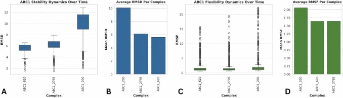 (A) A boxplot showing the distribution of RMSD for each complex over the simulation period, indicating stability dynamics. (B) A bar chart showing the mean RMSD per complex, with the abcA-200 complex having the highest mean RMSD at 10 Å. (C) A boxplot showing the RMSF distribution, indicating residu