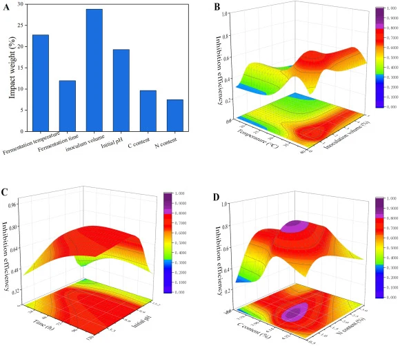 The impact weighting statistics of the ANN model (A). Machine learning-based prediction: 3D surface plot of fermentation temperature vs inoculum volume (B), fermentation time vs initial pH (C) and C content vs N content (D) for α-glucosidase inhibition.