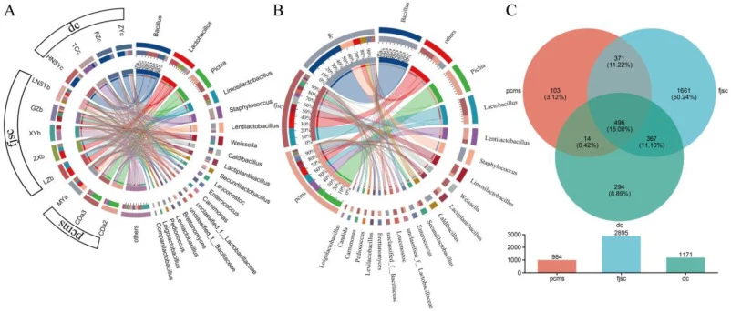 Microbial relative abundance at the genus level among traditional Chinese plant-based fermented foods. A total of 12 traditional plant-based fermented food samples were collected from 11 Chinese cities and grouped according to fermentation substrate categories. Among them, pcms, fjsc, and dc denote