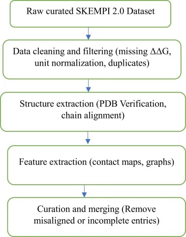 Workflow schematic from raw SKEMPI to the curated mutation table. Fig. 1(b). Architecture and data flow of the proposed CNN–GNN–XGB weighted ensemble. Each curated SKEMPI v2.0 entry supplies a primary sequence (FASTA) and a wild-type 3-D structure (PDB), which feed three complementary learners: a se