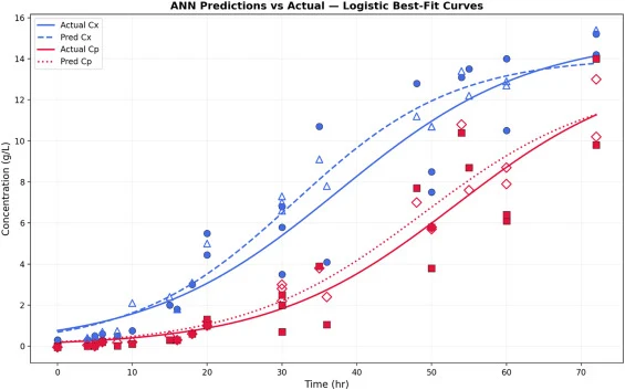 Comparison between literature-mined (actual experimental) unseen and ANN-predicted C X and C P data against time.