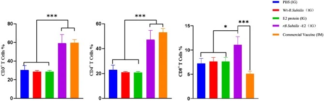 Splenic lymphocyte proliferation. At 35 days after primary immunization, mouse spleens were harvested, and splenic lymphocytes were isolated and stimulated with CSFV-E2 protein. The ConA-stimulated group served as the positive control. Lymphocyte proliferation levels were assessed using the CCK8 ass