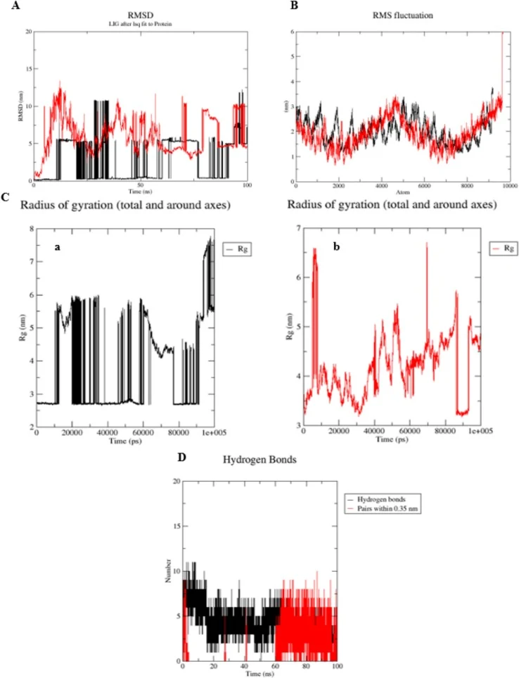 Root Mean Square Fluctuations (RMSF) and root mean square deviation (B) of xylanase-beechwood xylan and pectinase-digalacturonic acid complexes during a 100 ns molecular dynamics experiment, a determination of the stability of protein-ligand complexes and residue-level flexibility of the enzymes. (C