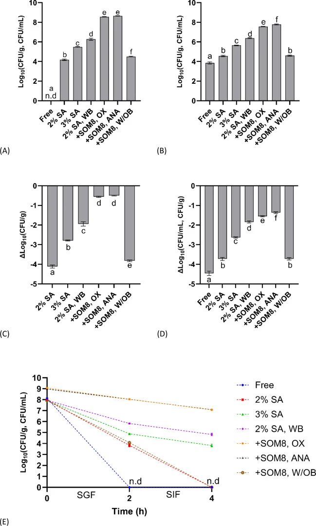 Viable concentration of B. longum DSM20219 after 2 h treatment in SGF and SIF. (A) After 2 h in SGF; (B) After 2 h in SIF; (C) Log₁₀ CFU change after 2 h in SGF; (D) Log₁₀ CFU change after 2 h in SIF. (E) Viable concentration of B. longum DSM20219 after 2 h treatment in SGF followed by 2 h in SIF. D