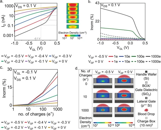 3D numerical calculations of the MNC-FET. a. Calculated IDS-VGL for selected VGF values. Also, cross-sections midway between source and drain present electron density distributions for VGL = -0.1 V and for the selected VGF values. b. Inorm-VGL for VGF = 0, −0.5 V for selected populations of e+. c. C