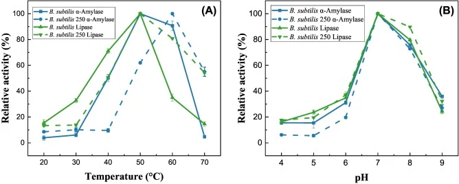 Effect of (A) temperature and (B) pH on enzymatic activity profile of α-amylase and lipase from B. subtilis and B. subtilis 250, using 1% soluble starch (α-amylase), and para nitrophenyl palmitate (lipase).