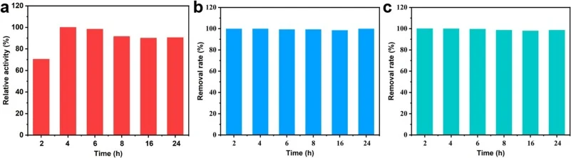 对2,4-DP的连续催化能力（a），以及对CR（b）和TC（c）的连续去除能力。