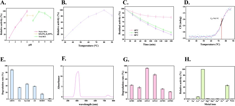 Biochemical characterization of BSR5 and its aflatoxin-degrading capacity with different mediators. (A-B) Effects of pH (A) and temperature (B) on the relative activity of BSR5; the maximum enzyme activity was defined as 100%. (C) Thermal unfolding curve monitored by circular dichroism, showing the