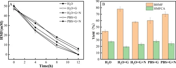 Catalytic efficiency of HMF by A. niger M13 cells in different environments. (A) Changes in HMF concentration, (B) product yields (G: glucose, N: KH₂PO₄, NH₄Cl, MgSO₄·7H₂O, CuSO₄·5H₂O, ZnSO₄·7H₂O, FeSO₄·7H₂O, MnCl₂).
