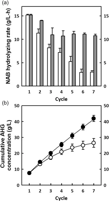 Repeated process for NAB hydrolysis and AHG production from red algal hydrolysate in whole-cell reaction by seven recycles of permeabilized-free (○, white bar), and permeabilized-immobilized (●, black bar) cells of recombinant C. glutamicum CG-H4-NABH. NAB hydrolyzing rate for each cycle and cumulat