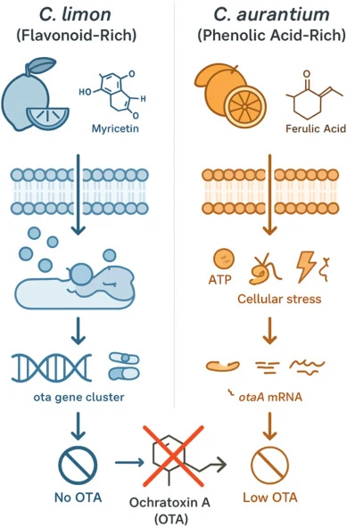 基于本研究中获得的植物化学特征和实验观察,提出的柑橘提取物对真菌生长、产孢、OTA产生及otaA表达差异影响的概念性总结。