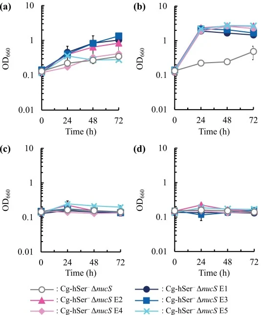 Growth of plasmid-cured evolved strains carrying either hpaI or leuDH in the presence of formaldehyde. Growth of Cg-hSer– ΔnucS and plasmid-cured evolved strains transformed with pECt_tH (a and b) and pECt_tL (c and d) in CGXII (a and c) and CGXII-0.3F (b and d) media is shown. Average ± standard de