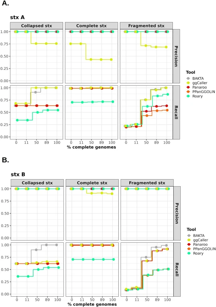 Precision and recall are shown for the detection of the shiga-toxin operon subunit-A (A) and subunit-B (B) as the fraction of complete genomes in the dataset increases (x-axis). Performance is stratified by stx locus assembly status in the short-read assemblies (Collapsed, Complete, Fragmented). Cur