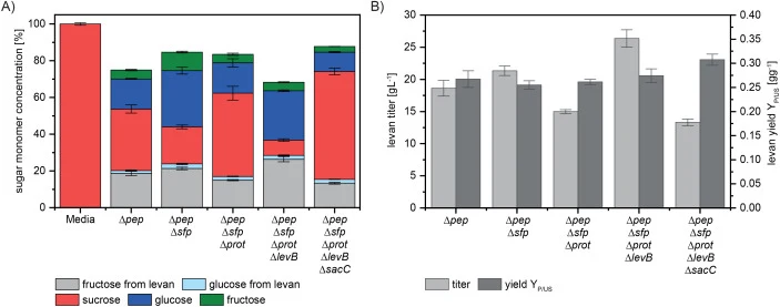 Comparison of P. polymyxa strain variants cultivated in a mL-scale microbioreactor. (A) Concentrations of residual sugars and produced levan after 48 h of cultivation. Sugar concentrations are shown as percent monomer equivalents of the initial sucrose concentration in the media. Fructose and glucos