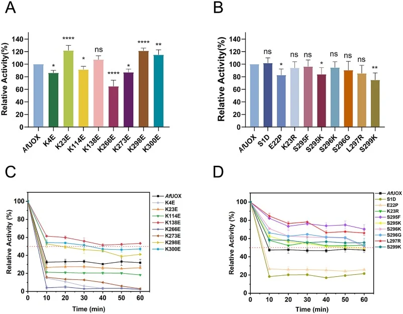 Relative activities and acid tolerance of AfUOX and its single-point mutants designed via the surface charge strategy and the B-factor strategy. Relative activities of AfUOX and its single-point mutants designed via the (A) surface charge strategy and (B) the B-factor strategy. Relative residual enz
