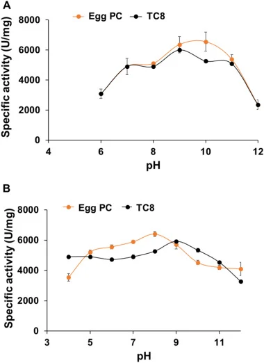 Effects of pH on the activity and stability of the purified rFAL using TC8 or egg PC under standard conditions. (A) The pH curve was determined by measuring enzyme activity in buffers at different pH values at 50 °C. (B) The pH stability of rFAL was evaluated by incubating the enzyme in buffers at d