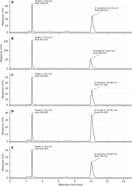 HPLC evidence from co-injection and nominal C/N experiments. A: pAC-BETAipi + pCrtS-CrtR extract before standard addition (target RT 2.734 min, area 448,930; β-carotene RT 10.136 min, area 800,022). B: the same extract after supplementation with the astaxanthin standard (target RT 2.732 min, area 81