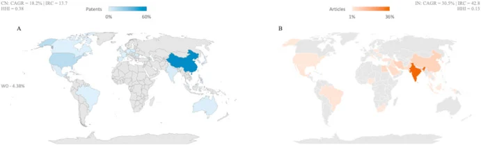 Geographic distribution of patent publication jurisdictions (A) and scientific publications (B) on the green biosynthesis of AgNPs. (For interpretation of the references to colour in this figure legend, the reader is referred to the Web version of this article.)