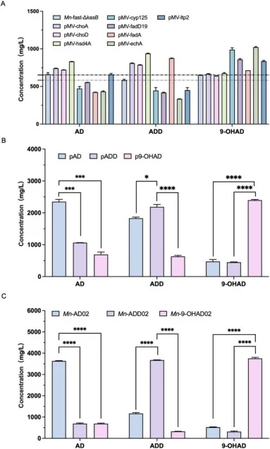 Effects of overexpressing key side-chain degradation enzymes and combined multi-enzyme expression on steroid intermediate accumulation in M. neoaurum ATCC 25795. (A) Individual overexpression of ChoA (cholesterol oxidase), Hsd4A (3β-hydroxysteroid dehydrogenase), Cyp125 (cytochrome P450), FadD19 (ac