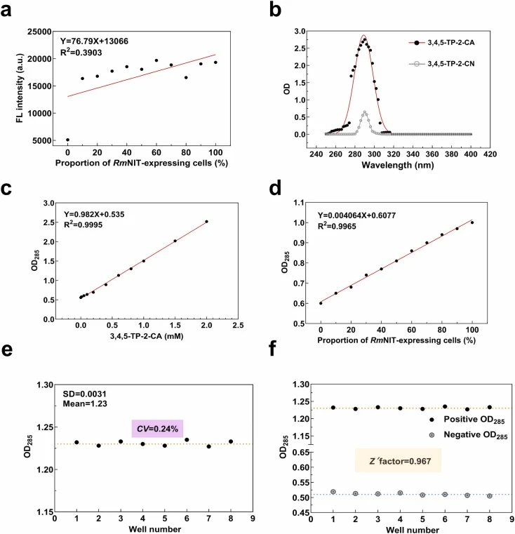 Development and validation of an absorbance-based high-throughput screening assay for poorly soluble aromatic nitriles. a) Poor correlation between ammonia-based detection and the proportion of active RmNIT-expressing cells. The x-axis represents the proportion of RmNIT-expressing cells in mixtures