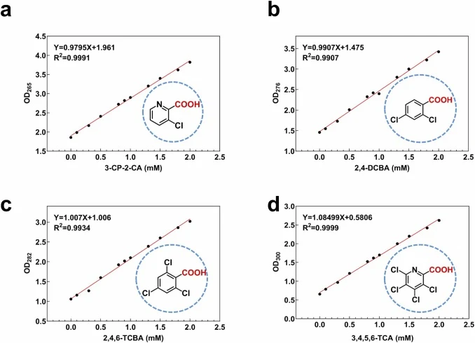The universality of high-throughput screening strategies based on substrate-specific absorbance. a) At the optimal detection wavelength of 265nm, a good linear relationship exists between the concentration of 3-chloropyridine-2-carboxylic acid and the absorbance (R2=0.9991). b) At the optimal detect
