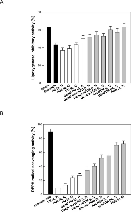 In vitro LOX inhibitory and DPPH radical-scavenging activities of natural and enzymatically biotransformed PDN-type platycosides. (A) LOX inhibitory activities of PDN-type platycosides. Baicalein and NDGA (4.0 μM each) were used as positive controls. (B) DPPH radical scavenging activities of PDN-typ