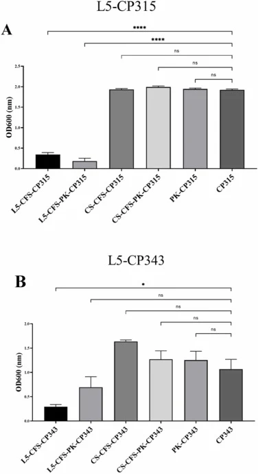 Metabolic Assay Revealed the Antimicrobial activity of B. subtilis L5 against Clostridium perfringens . A, The antimicrobial effect of L5 CFS against C. perfringens CP315; B, The antimicrobial effect of L5 CFS against C. perfringens CP343. Data are presented as mean ± standard error of the mean (SEM