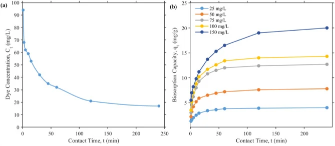 Time-dependent profiles of RB 221 biosorption onto A. niger biomass: (a) decrease in residual dye concentration over time (C0 = 100 mg/L), and (b) effect of contact time on the biosorption capacity (qt) at various initial dye concentrations. (Experimental conditions: initial pH = 5.0, biosorbent dos