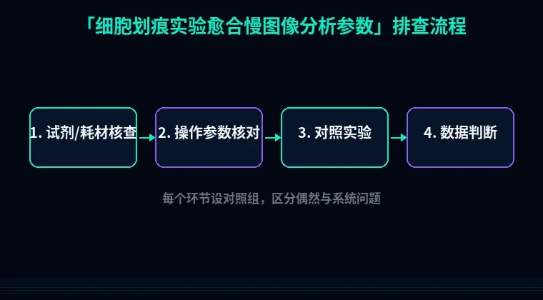 教程配图2:细胞划痕实验愈合慢图像分析参数 排查流程示意