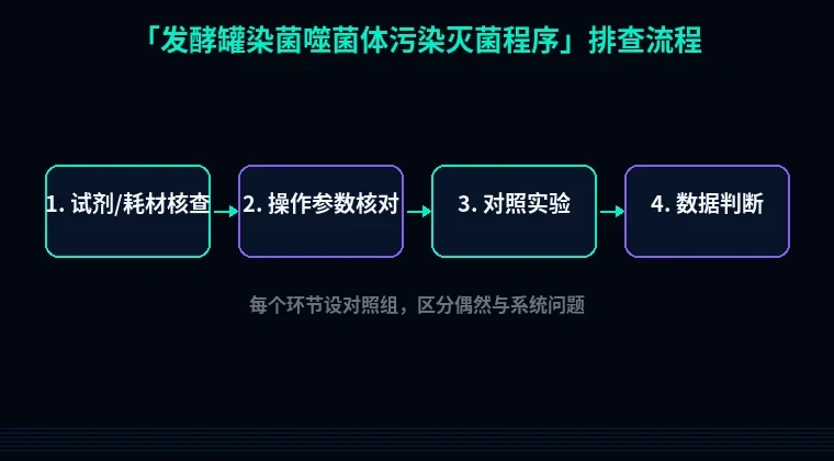 教程配图2:发酵罐染菌噬菌体污染灭菌程序 排查流程示意