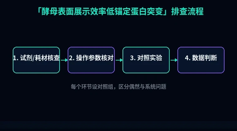 教程配图2:酵母表面展示效率低锚定蛋白突变 排查流程示意