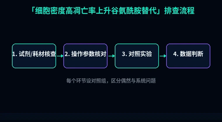 教程配图2:细胞密度高凋亡率上升谷氨酰胺替代 排查流程示意