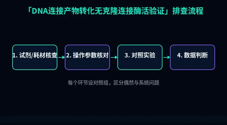 教程配图2:DNA连接产物转化无克隆连接酶活验证 排查流程示意