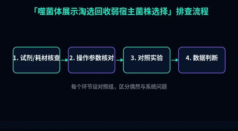 教程配图2:噬菌体展示淘选回收弱宿主菌株选择 排查流程示意