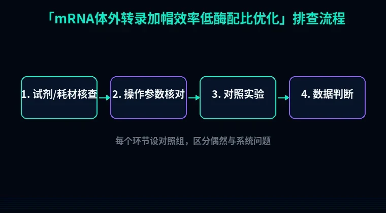 教程配图2:mRNA体外转录加帽效率低酶配比优化排查流程示意