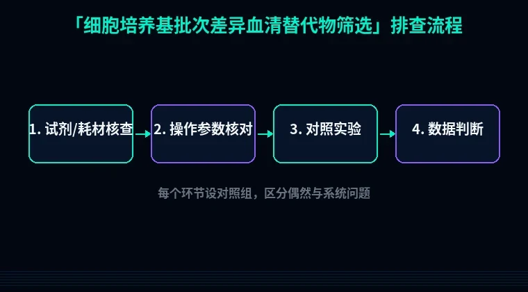 教程配图2:细胞培养基批次差异血清替代物筛选 排查流程示意