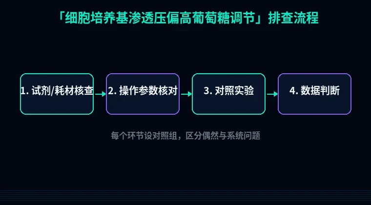 教程配图2:细胞培养基渗透压偏高葡萄糖调节 排查流程示意