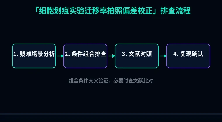 教程配图3:细胞划痕实验迁移率拍照偏差校正 排查流程示意