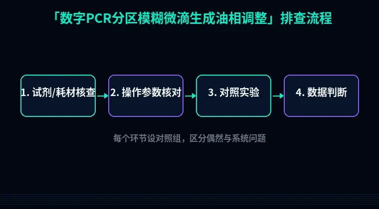 教程配图2:数字PCR分区模糊微滴生成油相调整 排查流程示意