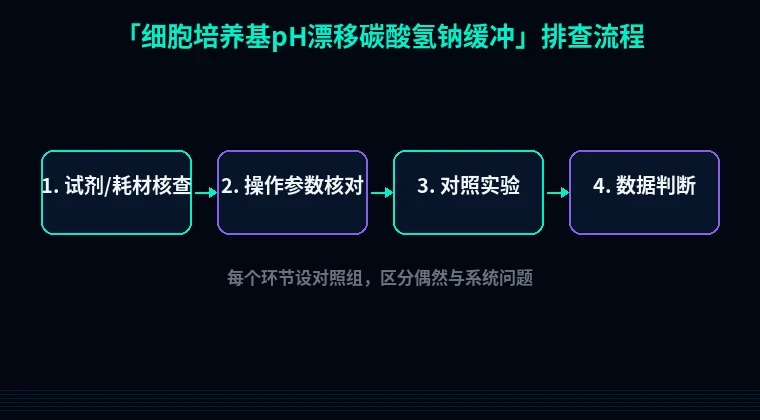 教程配图2:细胞培养基pH漂移碳酸氢钠缓冲 排查流程示意