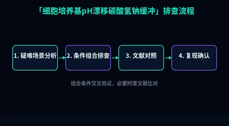 教程配图3:细胞培养基pH漂移碳酸氢钠缓冲 排查流程示意