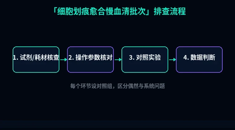 教程配图2:细胞划痕愈合慢血清批次 排查流程示意