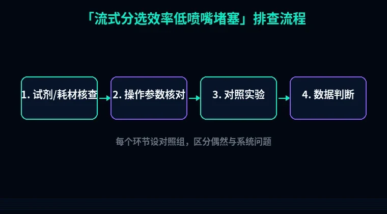 教程配图2:流式分选效率低喷嘴堵塞 排查流程示意