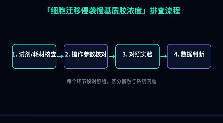 教程配图2：细胞迁移侵袭慢基质胶浓度 排查流程示意