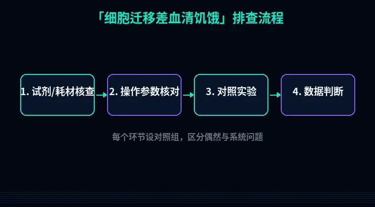 教程配图2:细胞迁移差血清饥饿 排查流程示意