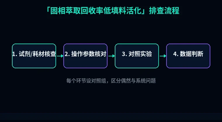 教程配图2:固相萃取回收率低填料活化 排查流程示意