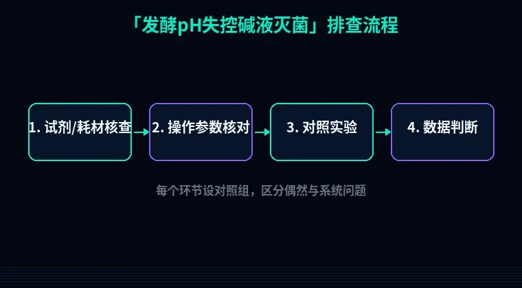 教程配图2：发酵pH失控碱液灭菌 排查流程示意