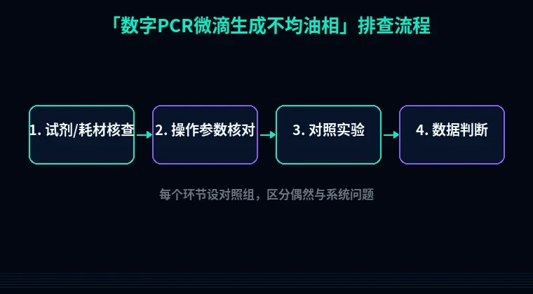 教程配图2:数字PCR微滴生成不均油相 排查流程示意