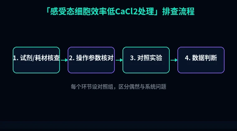 教程配图2：感受态细胞效率低CaCl2处理 排查流程示意