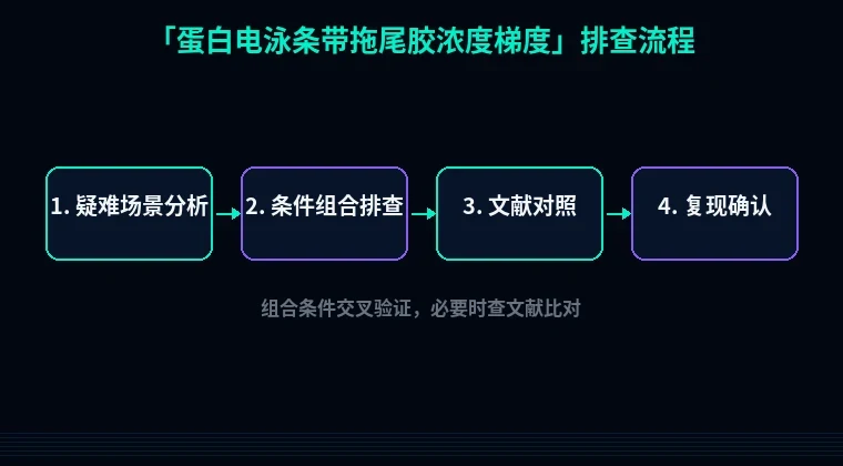 教程配图3:蛋白电泳条带拖尾胶浓度梯度 排查流程示意